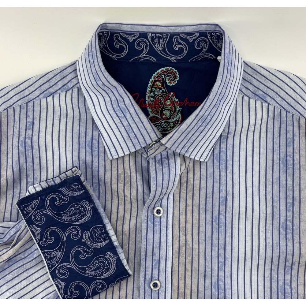 Robert Graham Button Up Shirt Men XL Blue Striped Paisley Flip Cuff Classic Fit